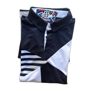 Whatless Mens Colorblock Black & White Striped Collared Polo Shirt XL NWT